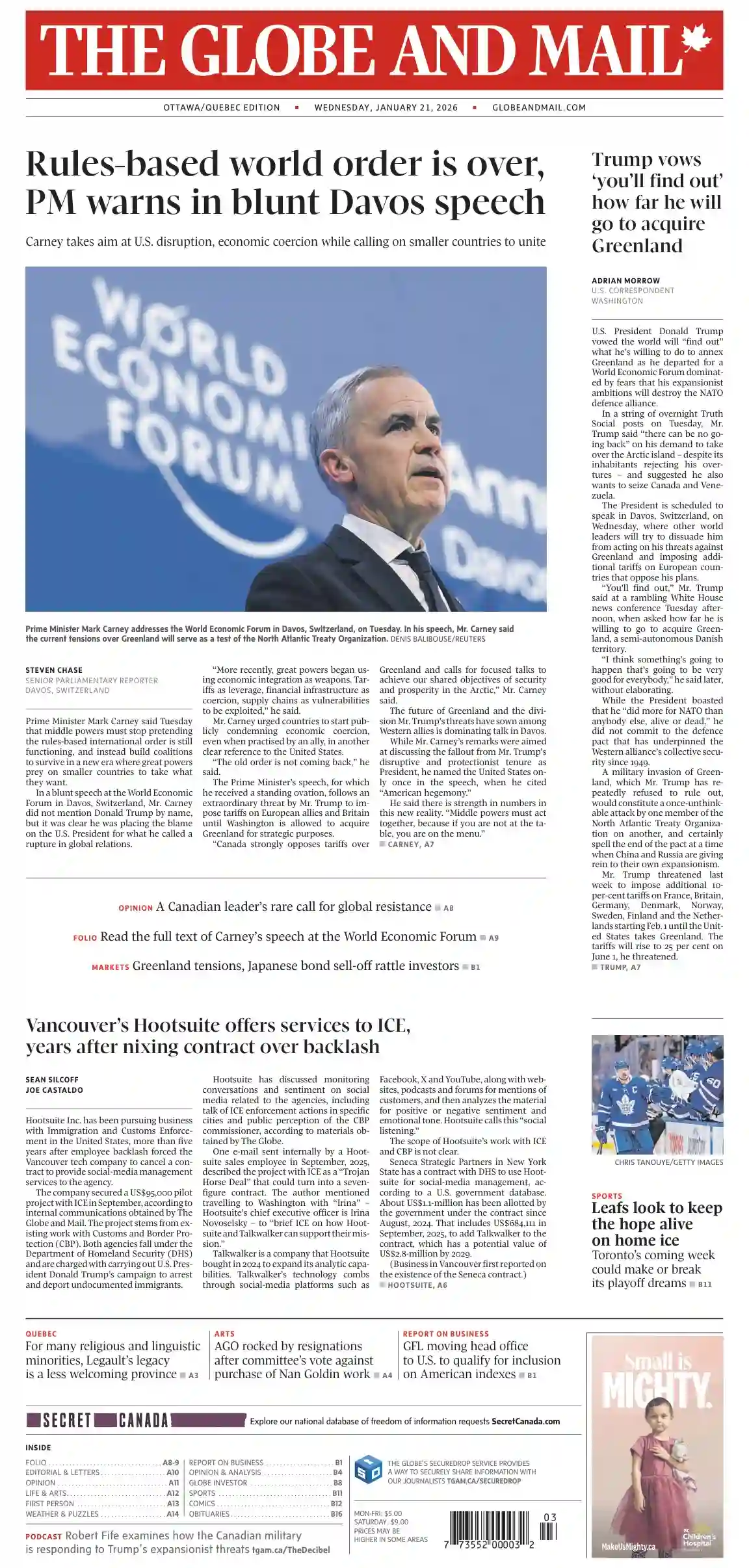The Globe and Mail 2026-01-21 每日环球邮报